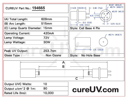 Drawing of Steril-Aire 22000200 UVC Bulb - item # 194665