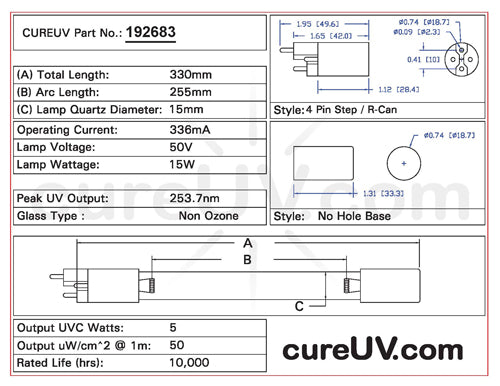 Drawing of Sterilight R-Can S330RL UVC Bulb - item # 192683