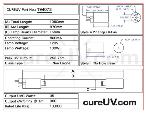 Drawing of Sterilight R-Can S950RL-HW UVC Bulb - item # 194073