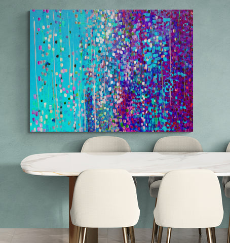 Full Bloom Turquoise & Purple Impressionist Abstract Canvas Print in Dining_room_with_marble_table