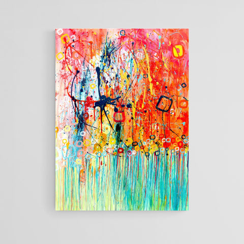 Jellyfish orange & turquoise abstract expressionist print on canvas 