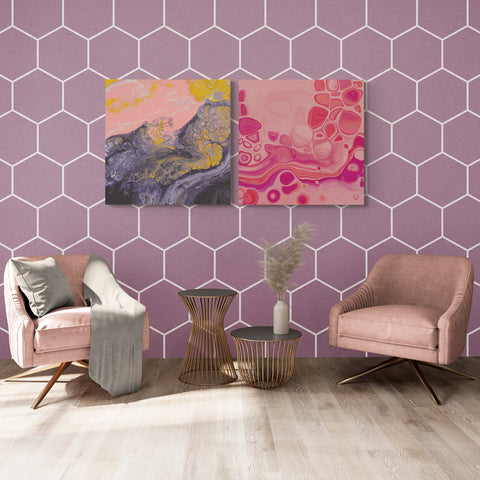 Pink square abstract fluid art cancas prints in room with Fancy_armchairs_with_side_tables-2