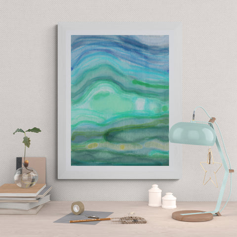 Serenity at Sea framed fine art print over a home office desk turquoise green blue and abstract watercolour wash fluid art painting by Louise Mead