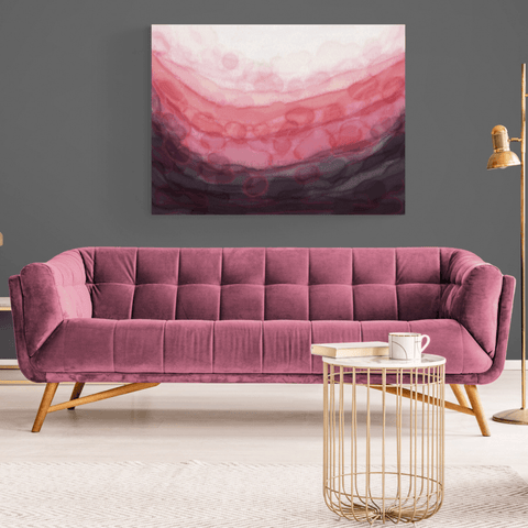 Pink Serenity Soft Water Colour Fluid Art Canvas Print by Louise Mead Above a Pink Velvet Sofa