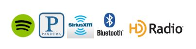 Spotify, Pandora, SiriusXM, Bluetooth, HD Radio Icons