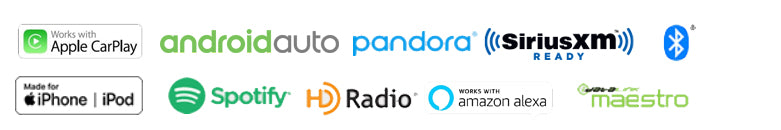 Apple CarPlay, Android Auto, Pandora, SiriusXM, Bluetooth, Made for iPhone, Spotify, HD Radio, Works With Alexa, iDatalink Maestro