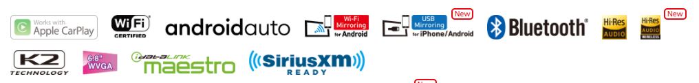 Apple CarPlay, WiFi Certified, Android Auto, Wifi and USB Mirroring, Bluetooth, Hi Res Audio, SiriusXM, idatalink Maestro