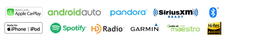 Apple CarPlay, Android Auto, Pandora, SiriusXM, Bluetooth, Made for iPhone and iPod, Spotify, HD Radio, Garmin, iDatalink Maestro, Hi-res Audio