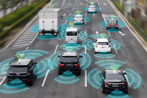 Cars on a highway with wifi symbol on street