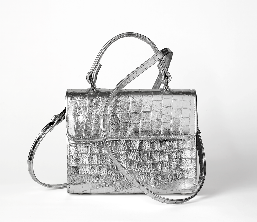 Silver Metallic Faux Croc Leather Handbag With Long Shoulder Strap – Karan Rai London