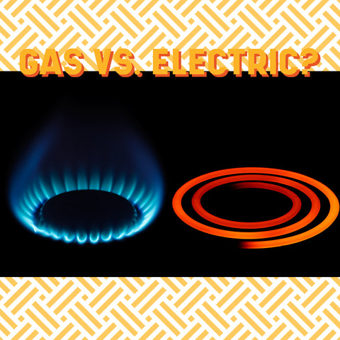 Text at top of image says Gas Vs. Electric? Image shows a gas cooktop element lit next to an electric coil range that is turned on