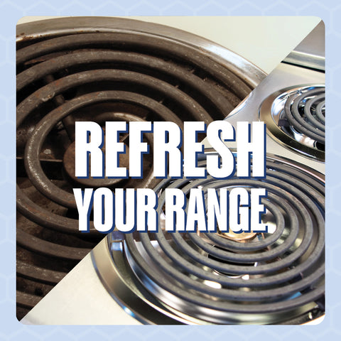 Electric range image split in the middle showing dirty drip bowl and coil element and clean drip bowl and element