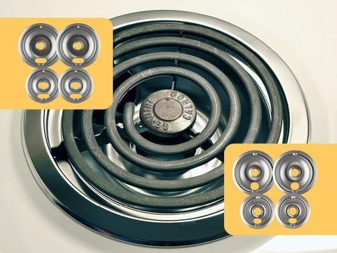 Image of electric coil range burner with drip bowl below. In the upper left hand and lower right hand corners there is a yellow color block showing chrome drip bowls