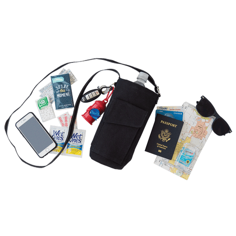 Black bag carrying clear plastic water bottle features pockets and long strap. Items surrounding the bag and bottle include passport, credit cards, hand wipes, holder for dog poop bags and more.