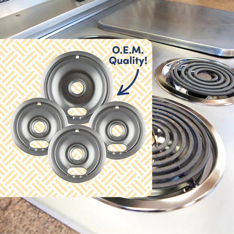 Image of electric coil range featuring a yellow and white color block with the text O.E.M. Quality