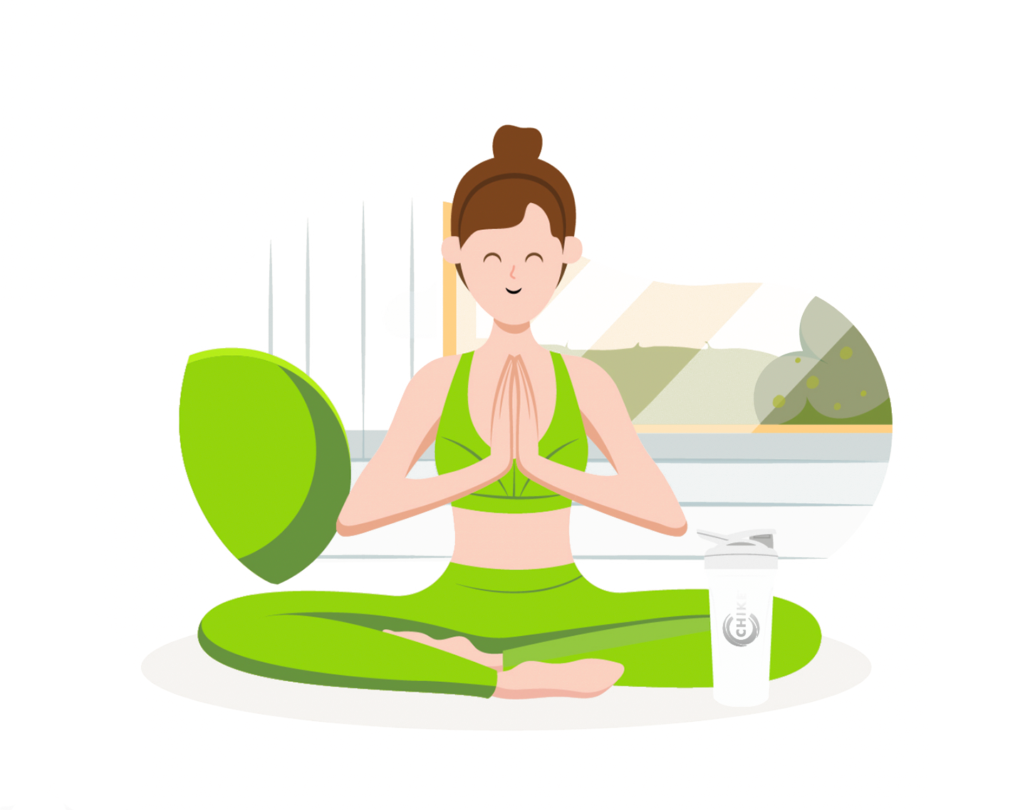 graphic of woman and her chike blender bottle meditating and smiling