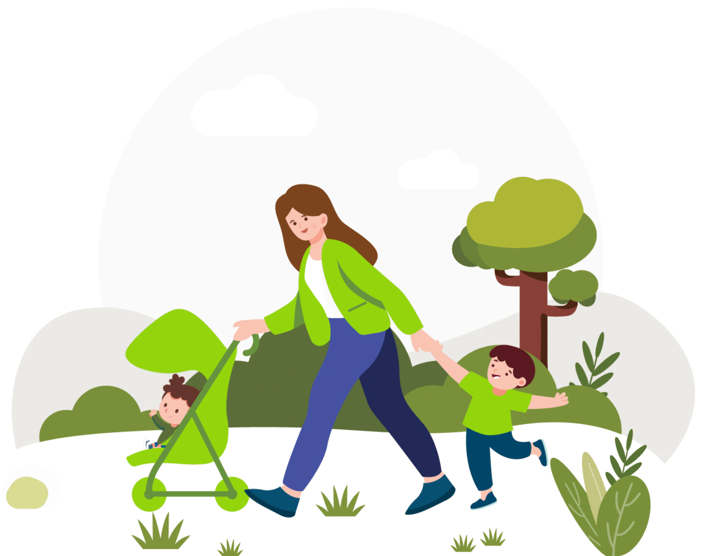 graphic of women and her kids walking through the park smiling wearing chike green clothes