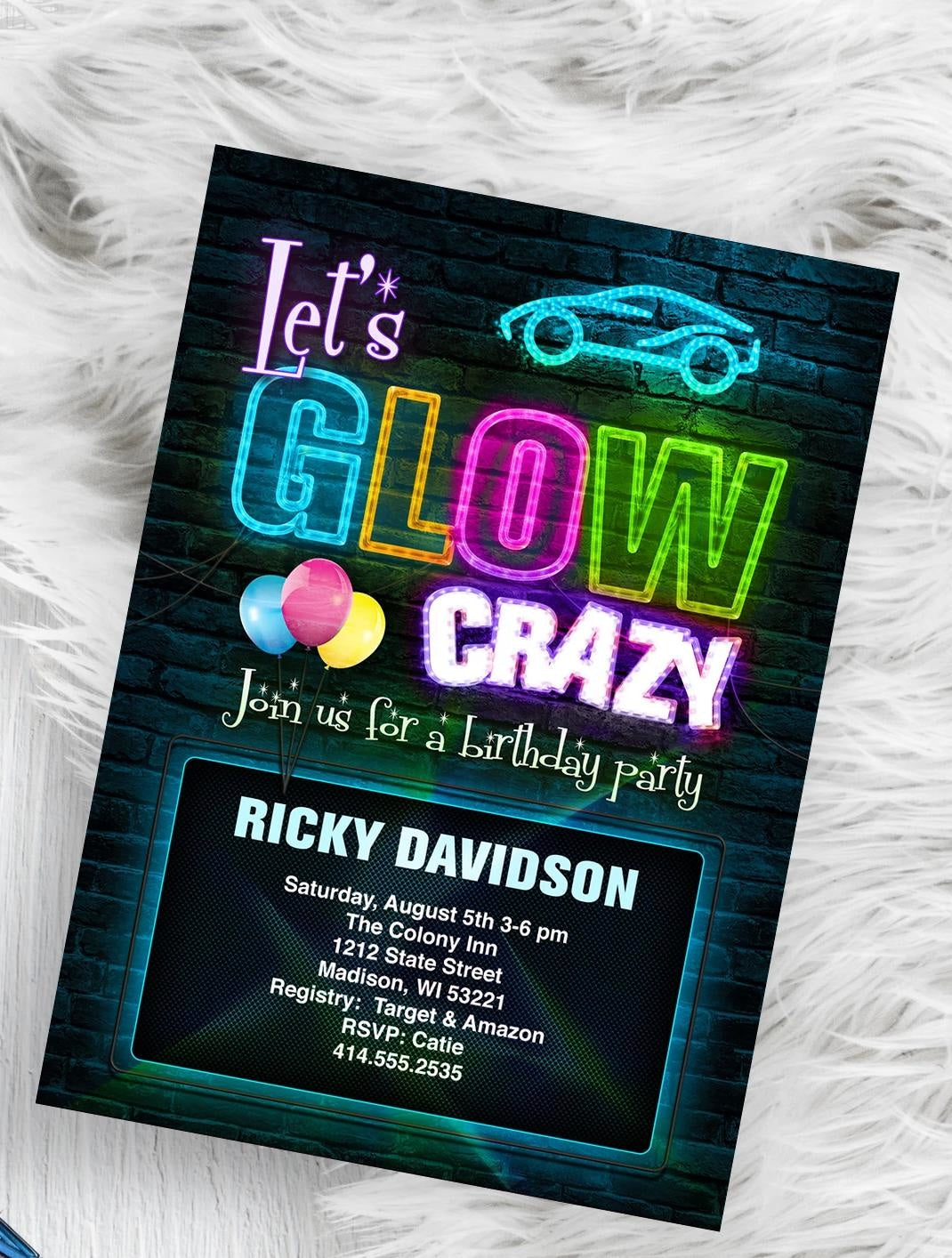 Roxx Designs - Boy Glow Party Invitation - Neon Light Glow Birthday Party Invite - Lets Glow ...