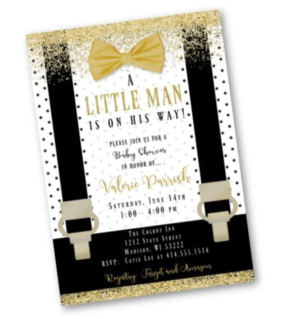 gold little man baby shower invitation - black and white with gold baby  shower lil man boy onesie bowtie invite flyer for boys