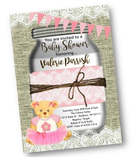 teddy bear girl baby shower invitations