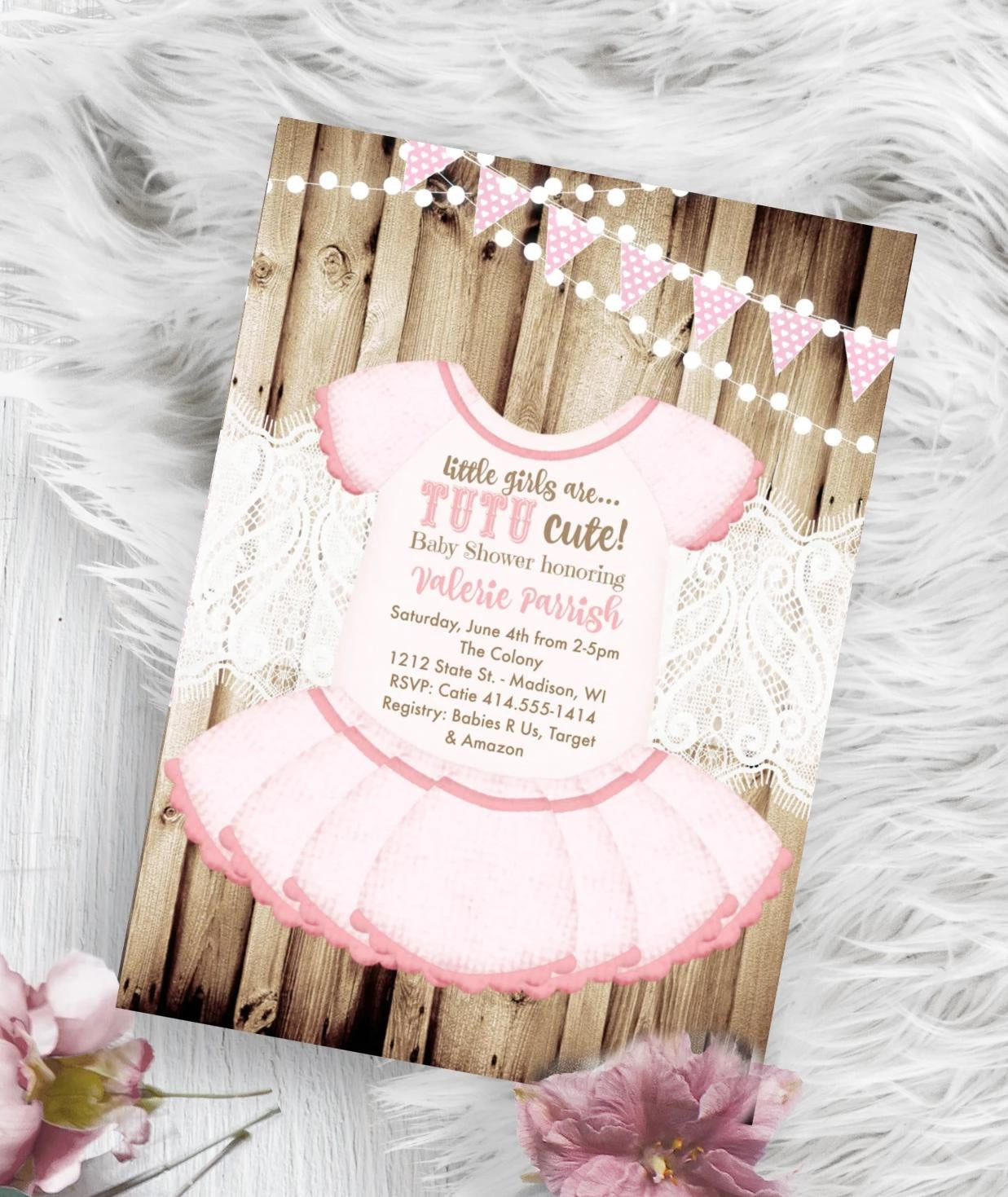 Roxx Designs Tutu Baby Shower Invitation Pink Ballerina Onesie Invite Flyer Princess Party Invites Roxx Designs