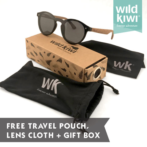 Bamboo and Wooden sunglasses with sunglass case, cleaning cloth and pouch. Wild Kiwi New Zealand