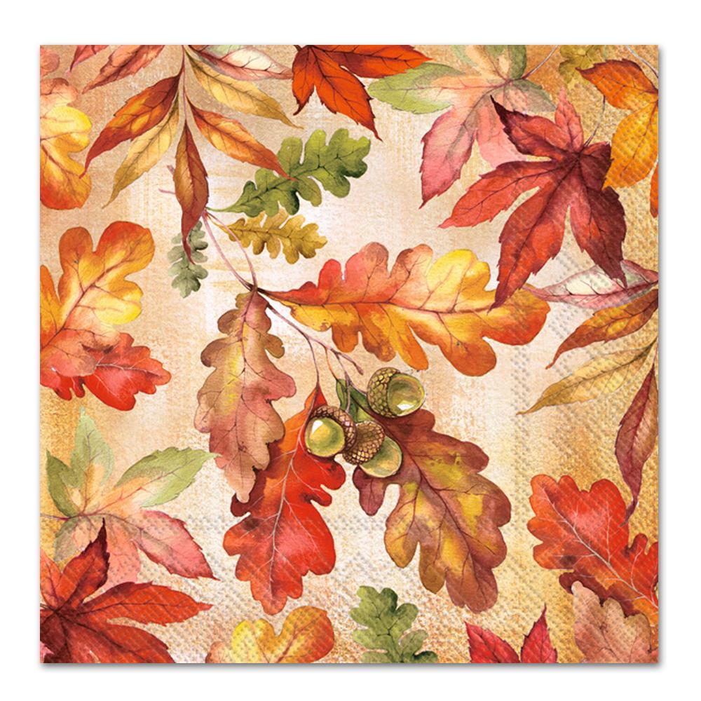 Newbridge Abundant Harvest Bordered Thanksgiving Fabric Napkins, Pumpkin, Gourd and Falling Leaf Cottage Print Easy Care Autumn Napkins, Set of 8