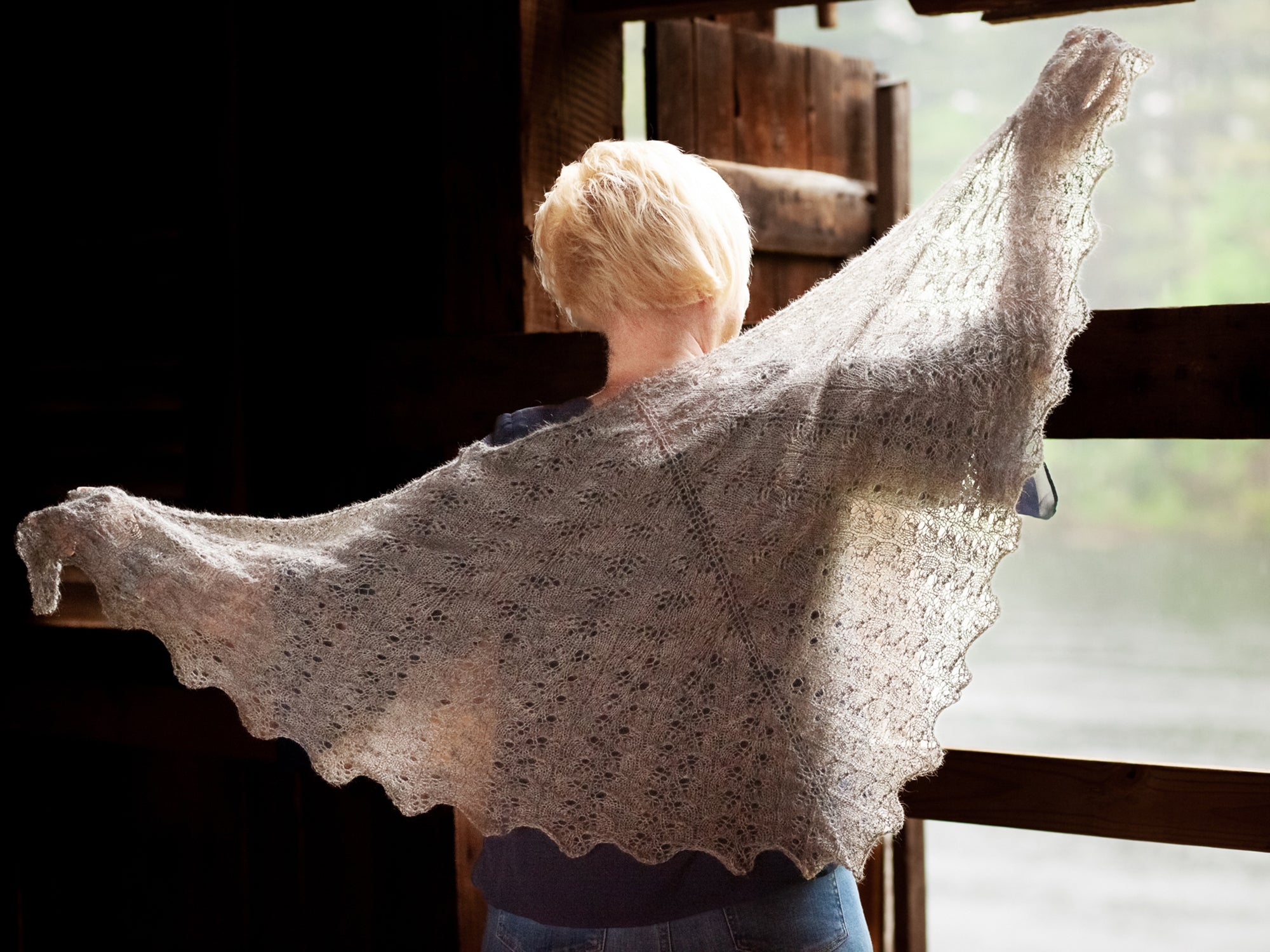 Lilac Season in Gotland Lace displayed outstretched from rear view