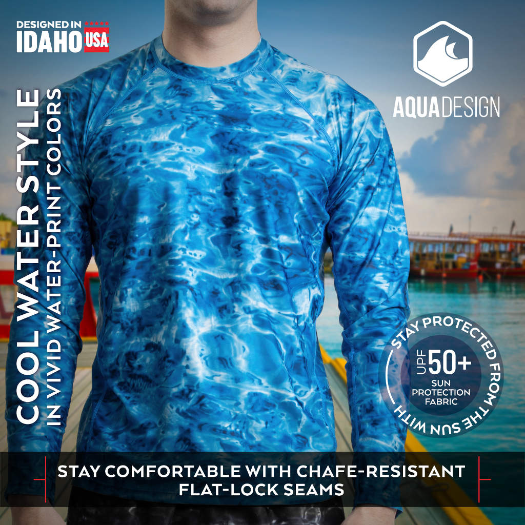 Mens Long Sleeve UV Rash Guard Camo Swim Shirt in Blue