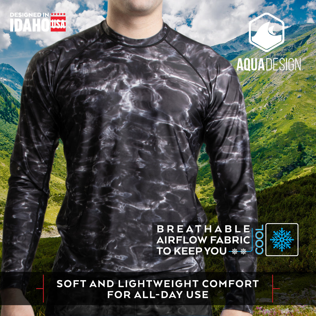 Black Mens Long Sleeve UV Rash Guard Camo Swim Shirt in Blue