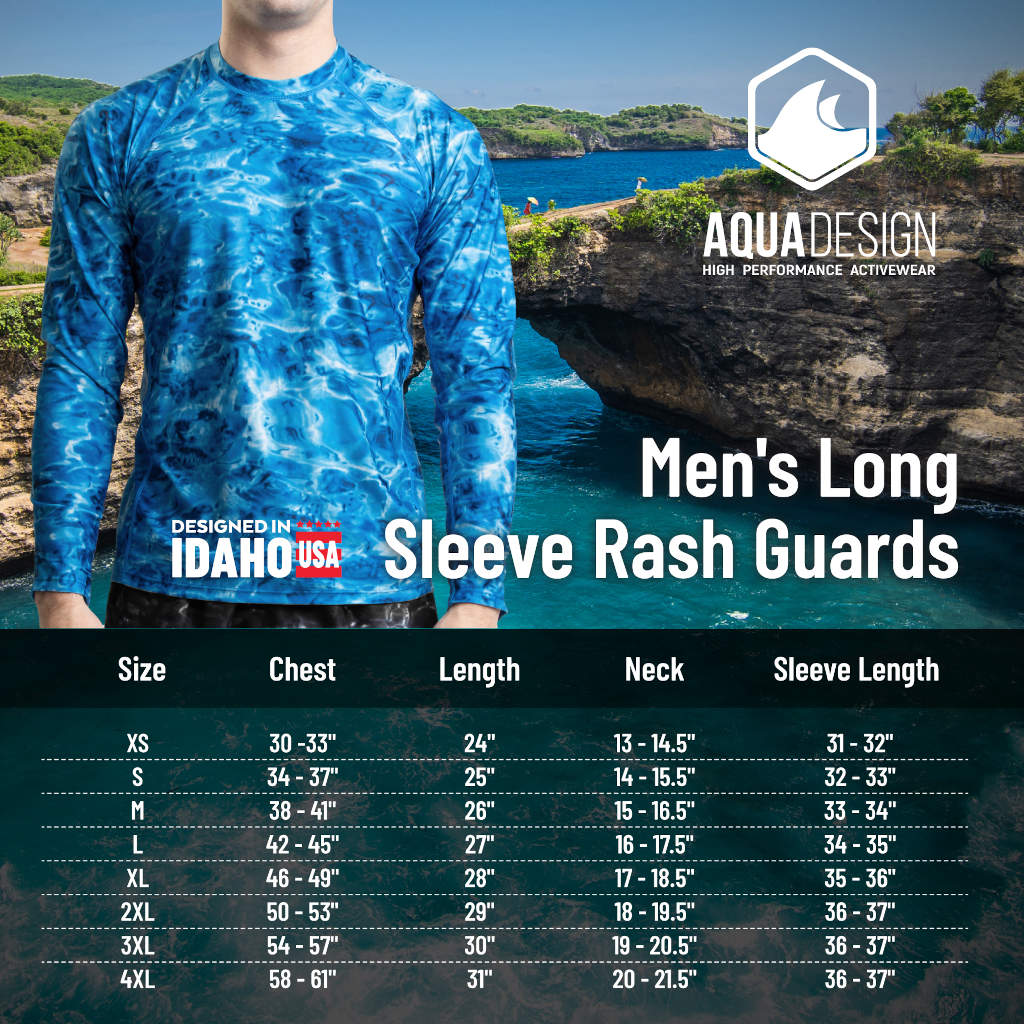 Mens Size Chart Long Sleeve UV Rash Guard Camo Swim Shirt in Blue