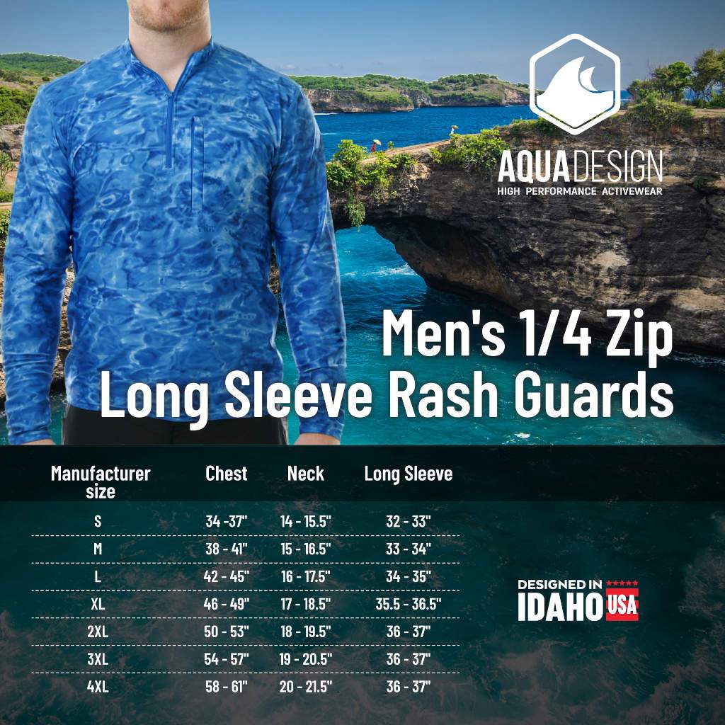 Aqua Design Men's 1/4 Zip Long Sleeve Camo Fishing Shirt, Size Chart