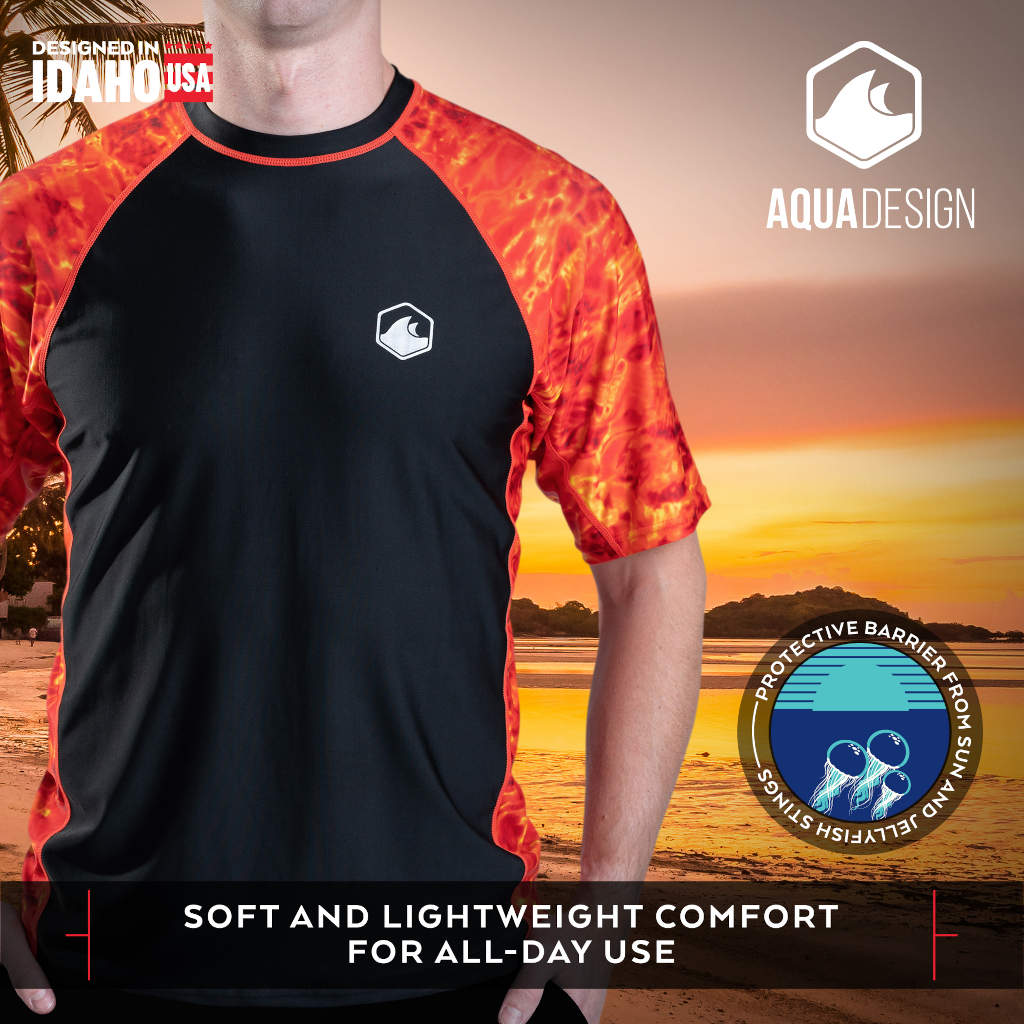 Mens Rash Guard Short Sleeve Swim Shirt UV 50+ in Red