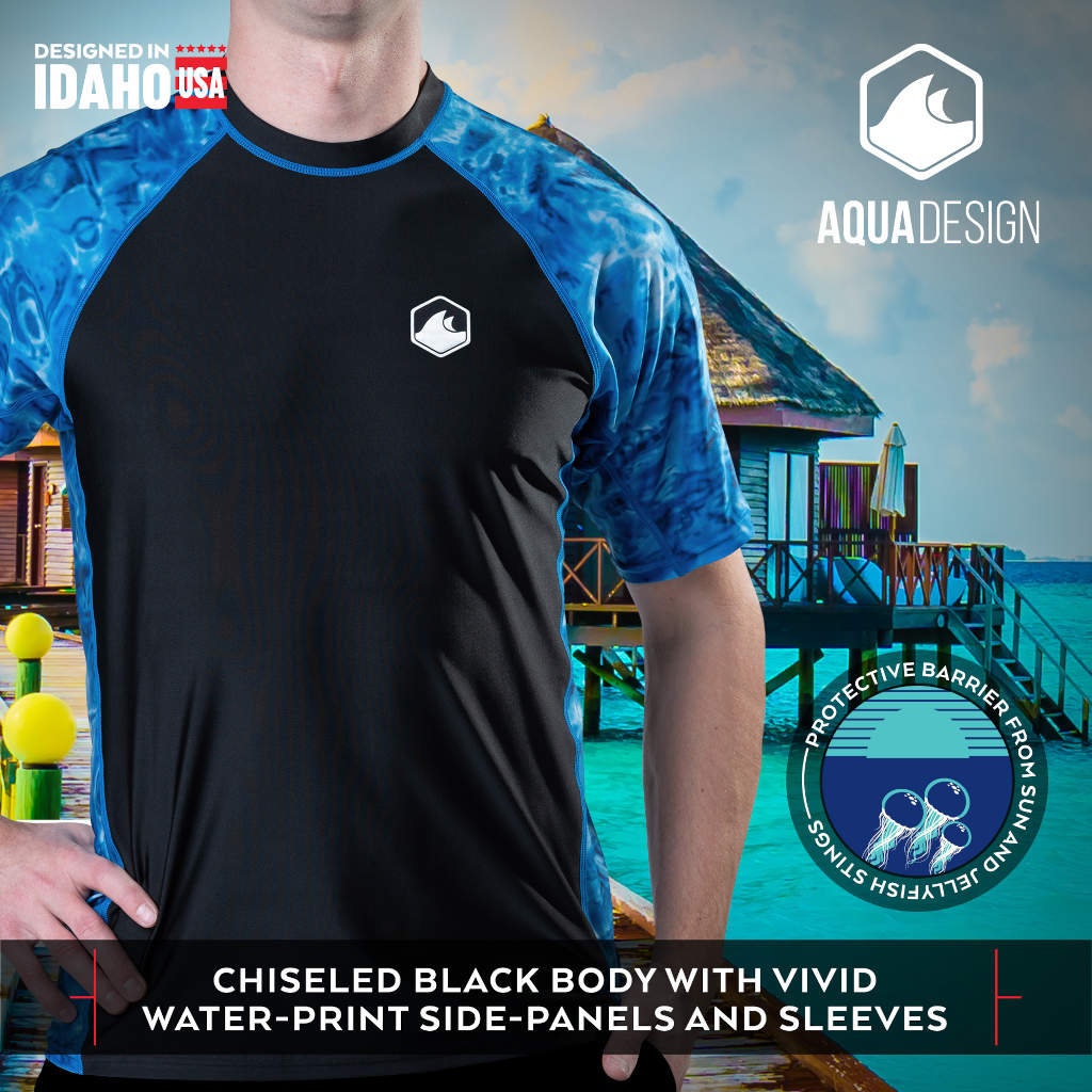 Mens Rash Guard Short Sleeve Swim Shirt UV 50+ in Blue