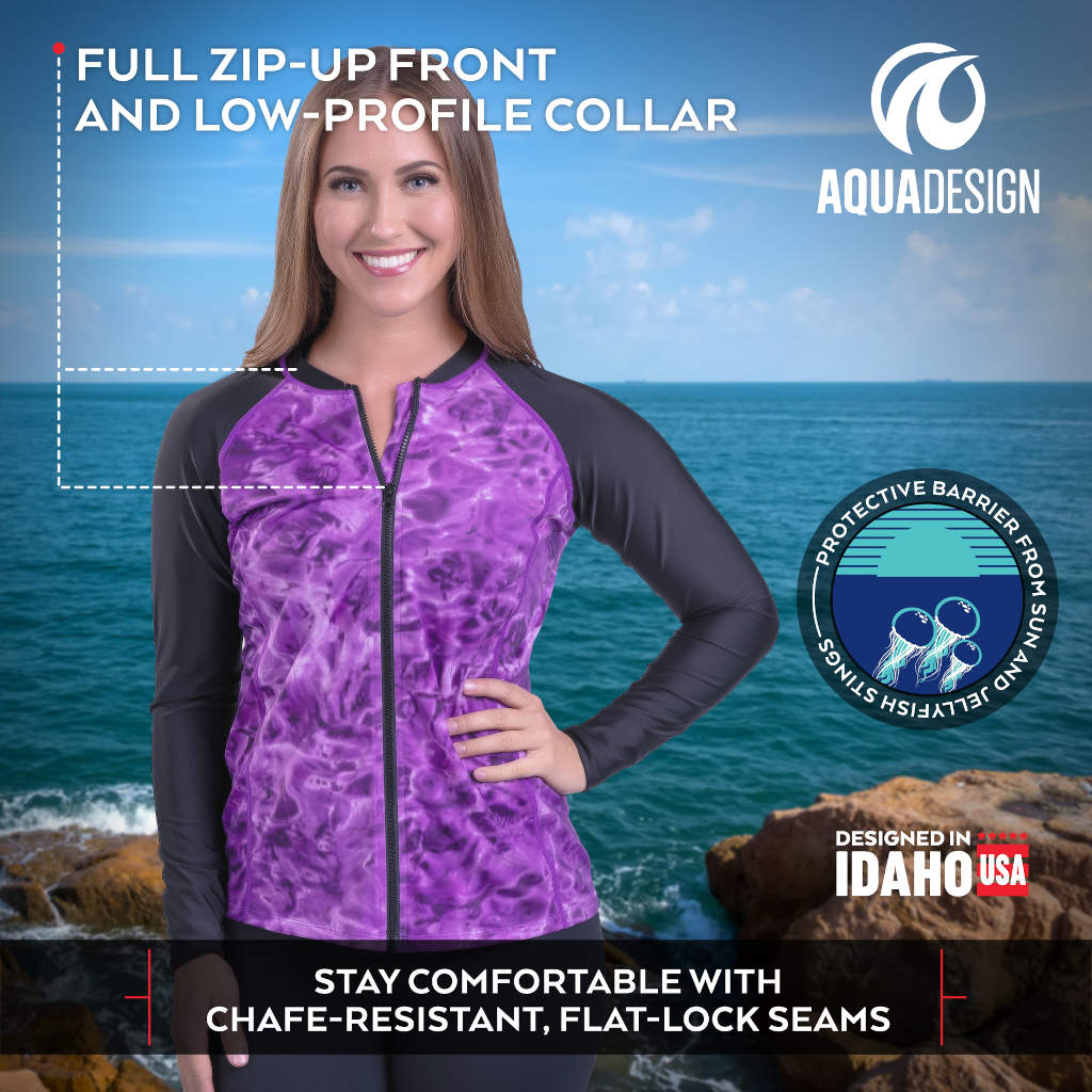 Womens Zip Up Rash Guard Long Sleeve TUPF50+ Swim Shirt in Purple