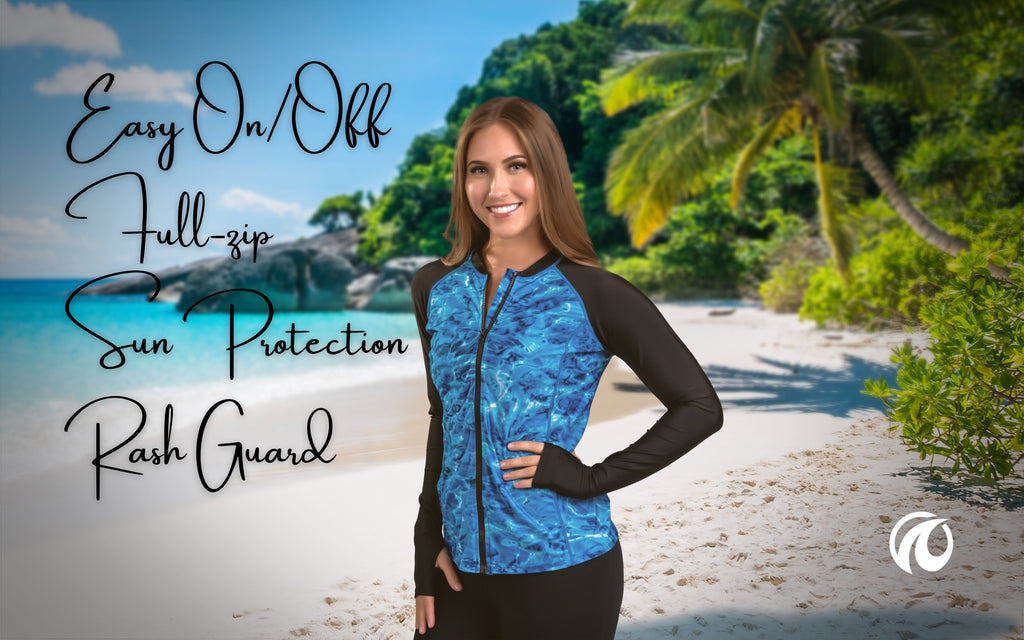 Aqua Design Women’s Full Zip Long Sleeve Rash Guard: Front Zipper Swim Shirt