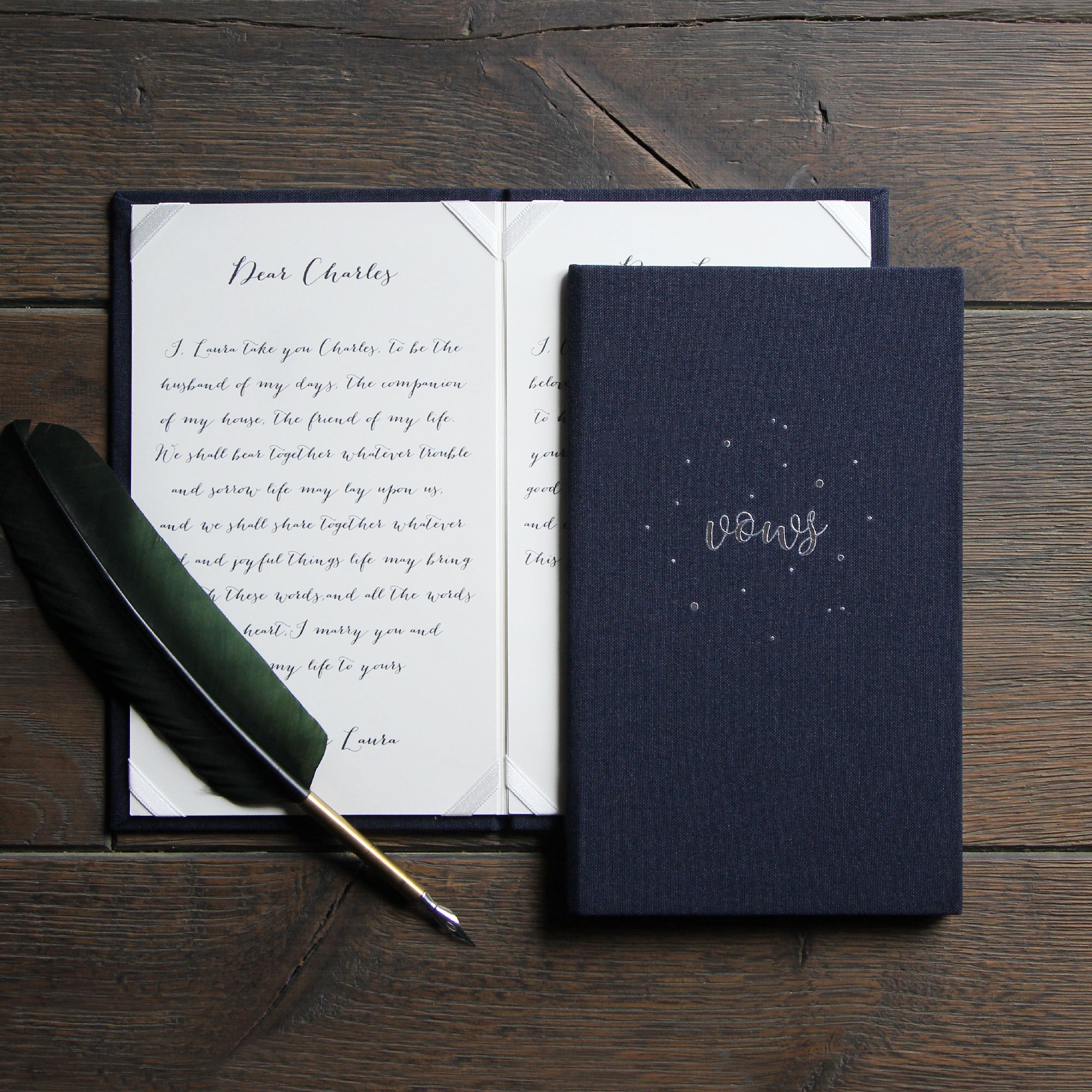 Personalised Wedding Vow Books Silver Lettering Circle Dots Navy