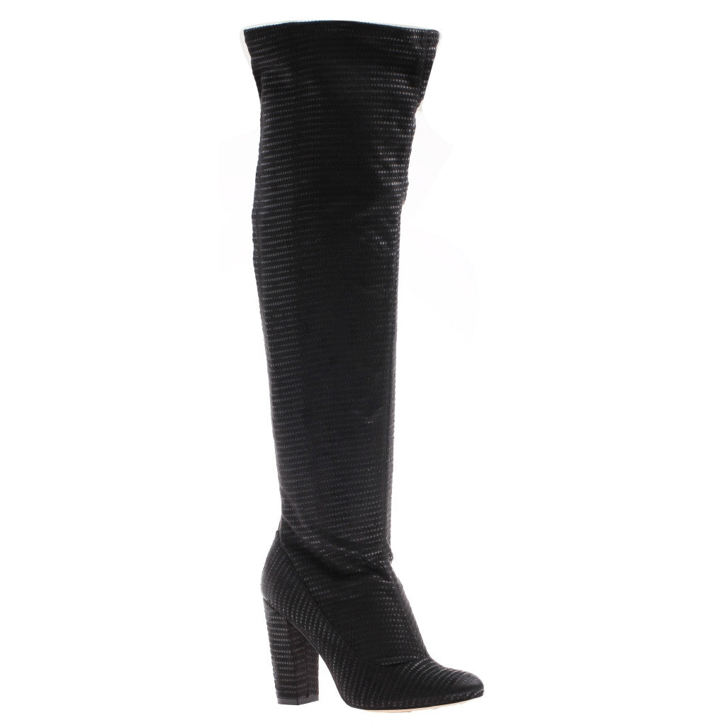 black fabric knee high boots