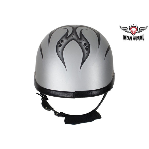 Matte Silver Motorcycle Novelty Helmet With Burning Skull – B&S