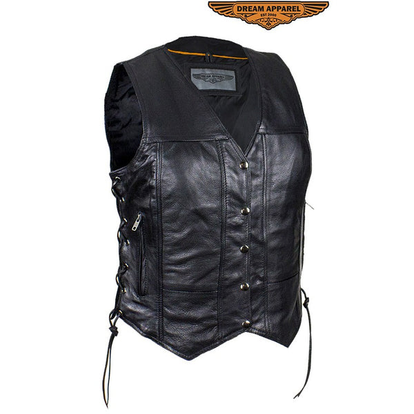 Women's Leather Motorcycle Vest With Concealed Carry Pockets & Side La ...