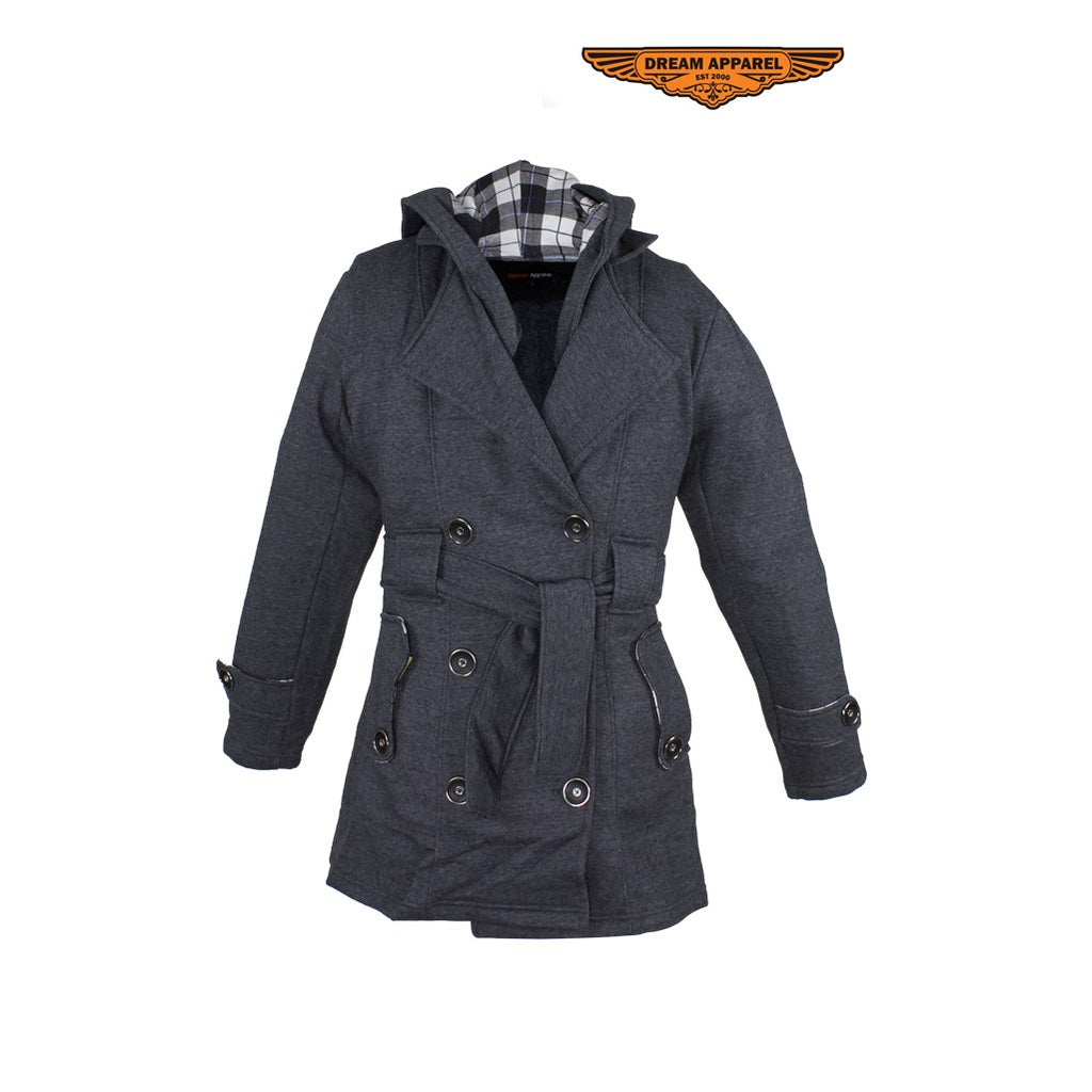 Ladies Dark Grey Button Up Coat W/ Belt and Removable Hood – B&S ...
