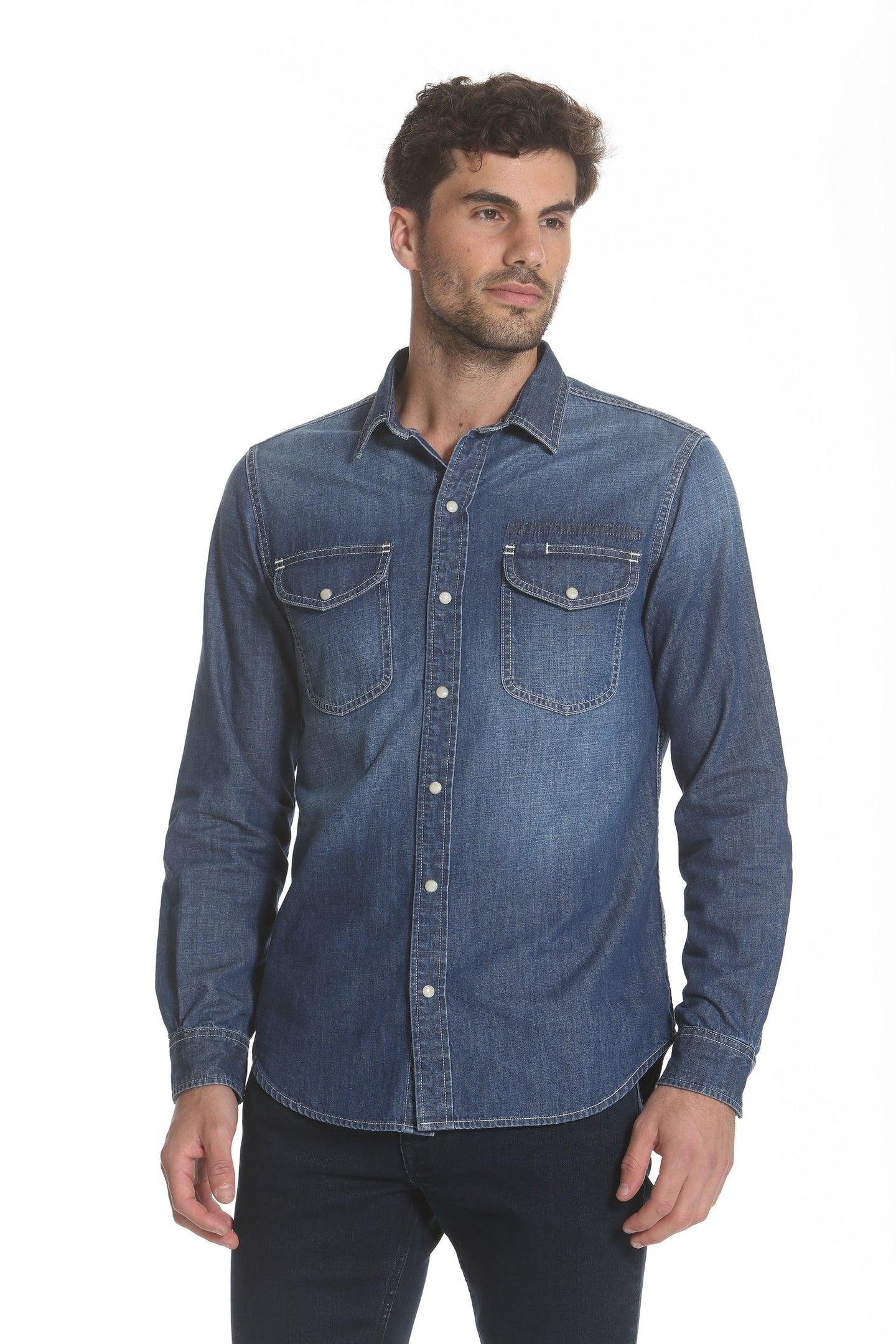 medium wash denim shirt