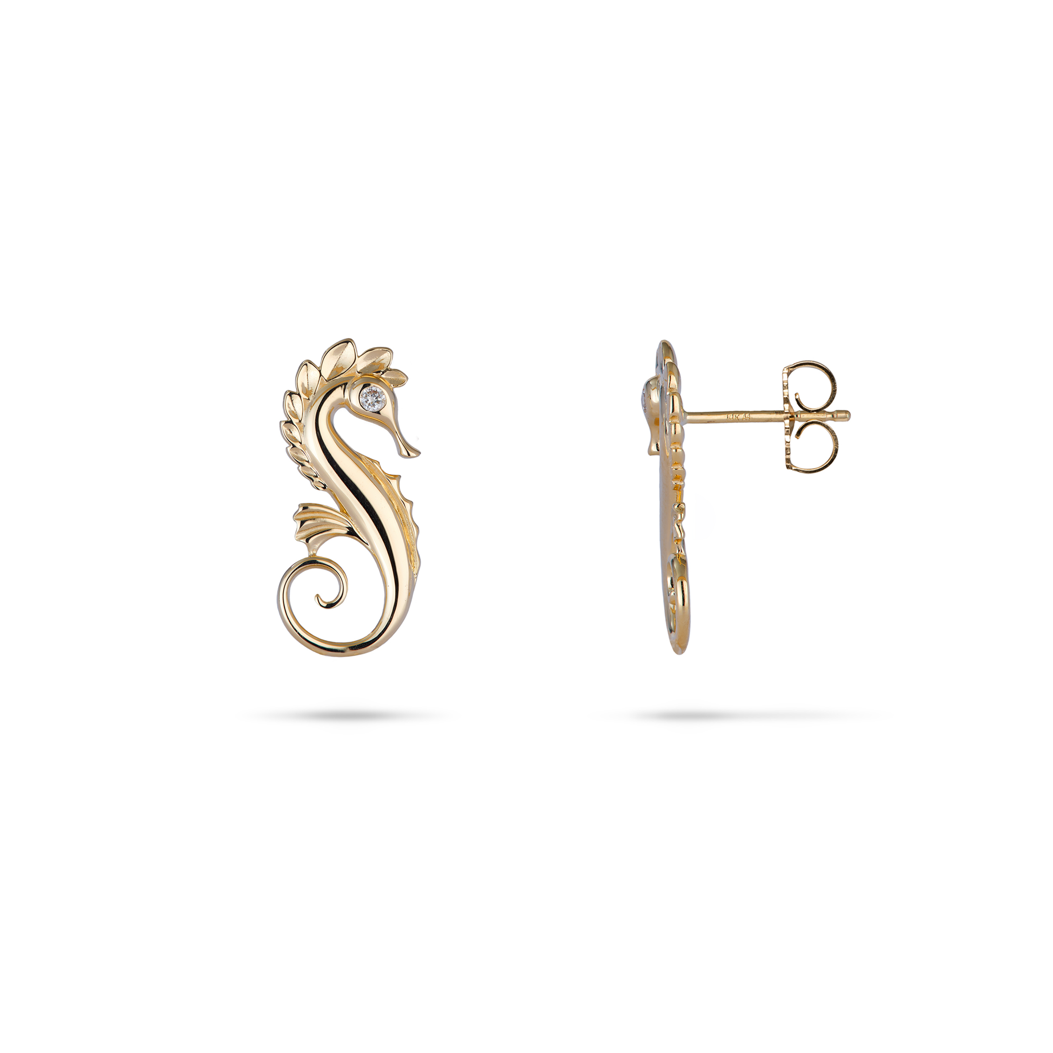 Ocean Dance Seahorse Earrings in Gold with Diamonds - 20mm- Made in Hawaii