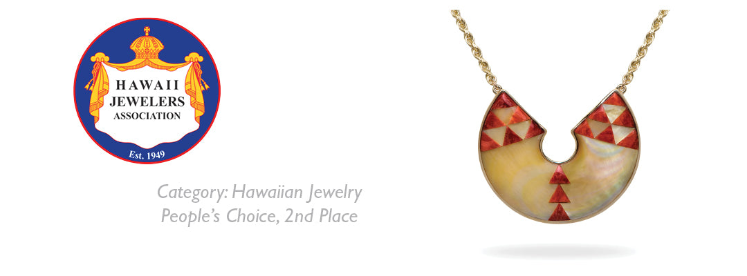 2018 Hawaii Jewelers' Association Winner: Niho Niho Spiny Oyster & Golden Mother of Pearl Medallion Pendant in Gold