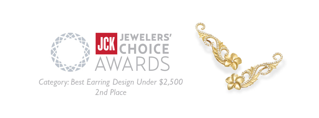 2016 JCK Award Winner: Hawaiian Heirloom Plumeria Scroll Earrings in Gold with Diamonds