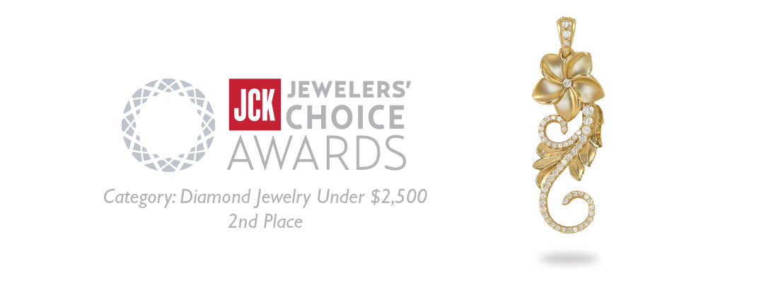 2015 JCK Award Winner: Hawaiian Heirloom Plumeria Scroll Pendant in Gold with Diamonds