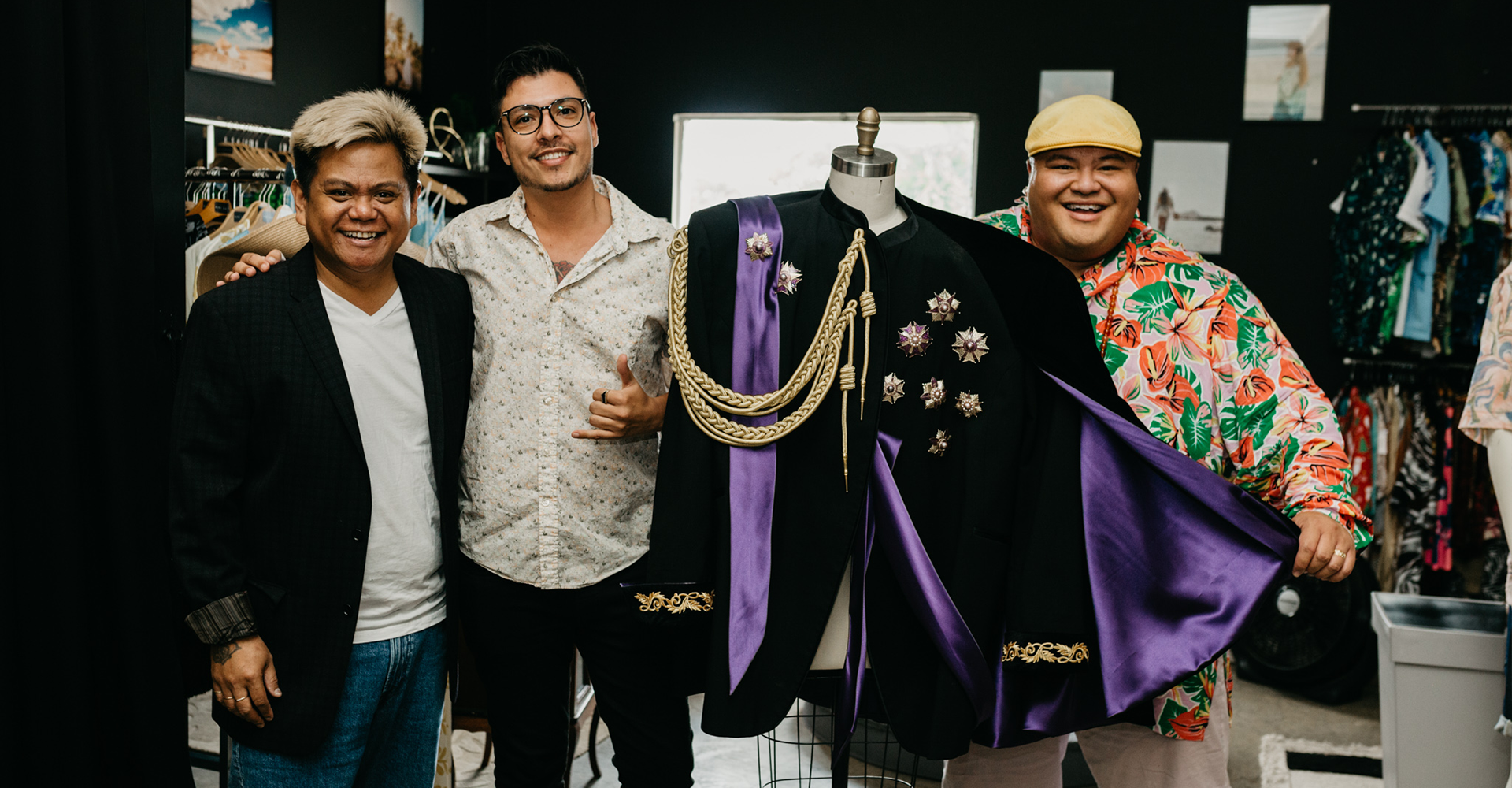 Fashion Designer Kini Zamora (Left), Creative Director of Maui Divers Jewelry Hugo Laverde (Center), Kalani Pea (Right)