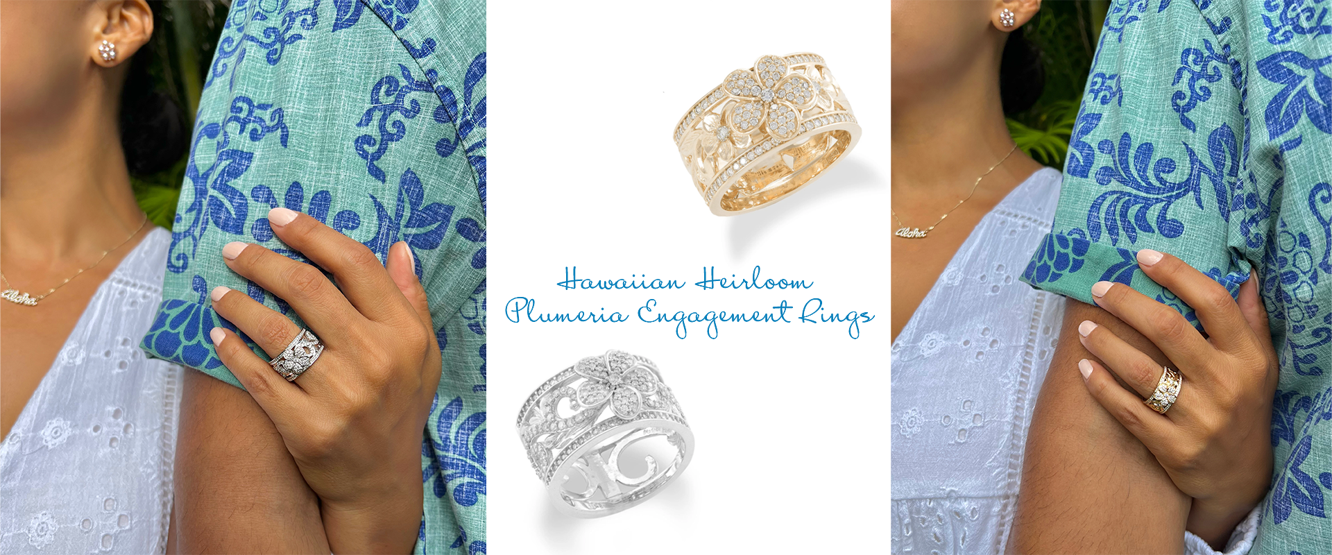 Hawaiian Heirloom Engagement Wedding Rings in Yellow & White Gold