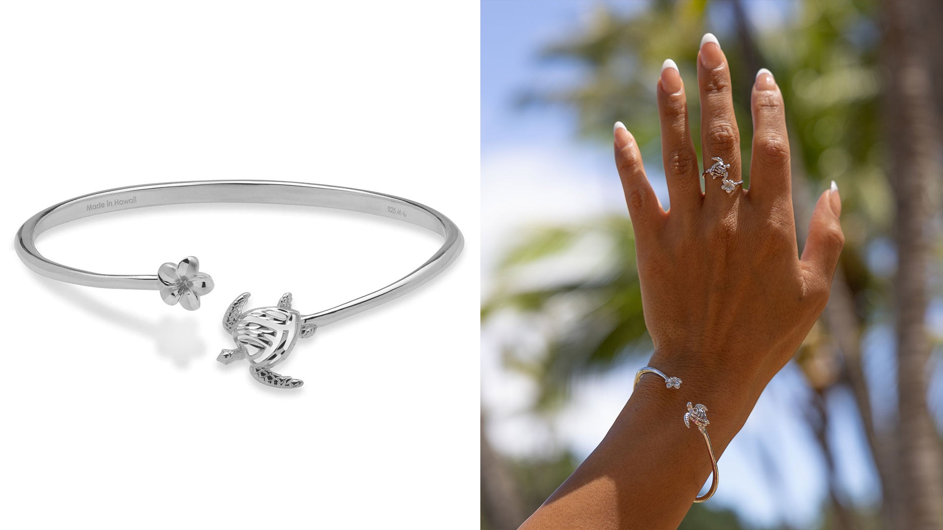 Honu and Plumeria Bracelet in Sterling Silver