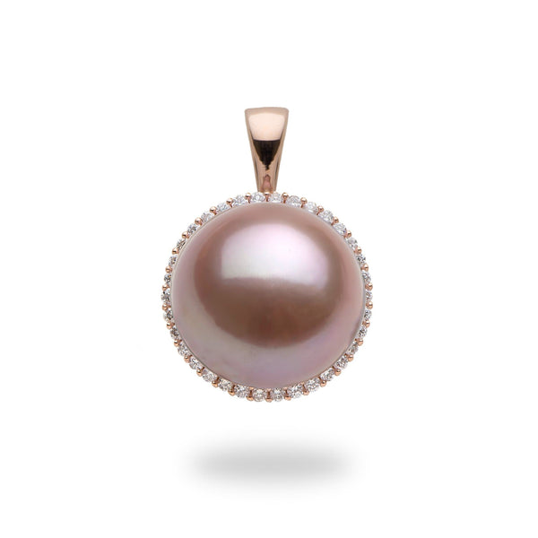 14K Rose Gold Pink Freshwater Cultured Windsor Pearl and Diamond Trio Leaf  Pendant (13.0-14.0mm)